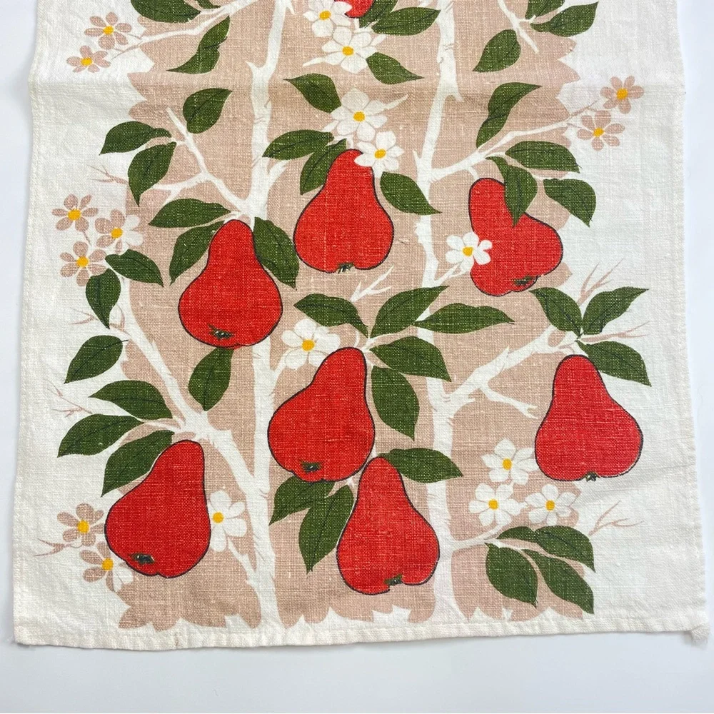 Vintage Tea Towel‎ Pear Print Retro Fruit Branches Produce Kitchen Linens Orange